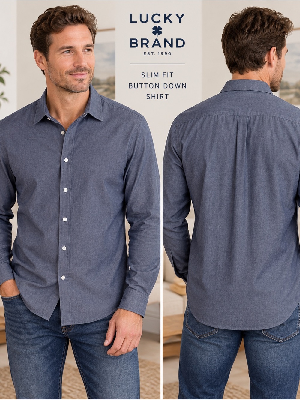 Lucky Brand Mens XL Slim Fit Blue Button Down Shirt Long Sleeve Casual